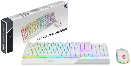 MSI VIGOR GK30 COMBO WHITE UK RGB MEMchanical Gaming Keyboard + Clutch GM11 WHITE Gaming Mouse ' UK Layout, 6-Zone RGB Lighting Keyboard, Dual-Zone RGB Lighting Mouse, 5000 DPI Optical Sensor, Center' MSI VIGOR GK30 COMBO WHITE UK RGB MEMchanical Gaming Keyboard + Clutch GM11 WHITE Gaming Mouse ' UK Layout, 6-Zone RGB Lighting Keyboard, Dual-Zone RGB Lighting Mouse, 5000 DPI Optical Sensor, Center'